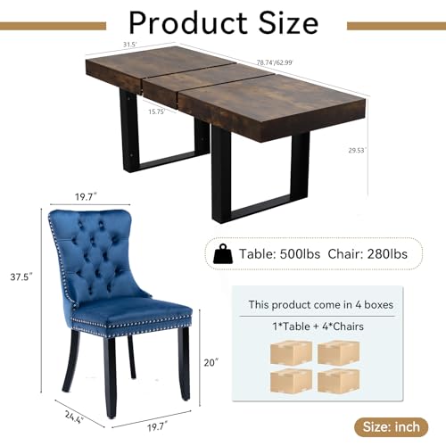 Image of Rustic Brown Dining Room Table Set for 4, 5-Piece 63 inch-78.74 inch Extendable Dining Table Set with 4 Upholstered Chairs, Rectangle Wooden Expanding Kitchen Table and Blue Chairs Set