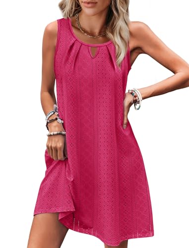 Image of RUMIA Swimsuit Coverup for Women Summer Sleeveless Beach Dress | Crew Neck, Pockets, Eyelet, Boho, Above knee Length, A-Line. Everyday wear, Sundresses, Cruise Wear, Vacation essential