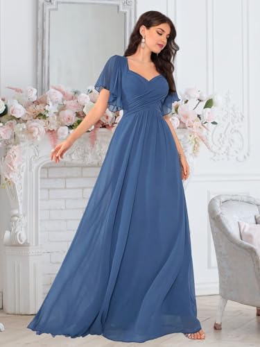 Sweetheart Bridesmaid Dresses for Women Long Chiffon Pleated Waist A Line Formal Evening Gowns with Flutter Sleeve4