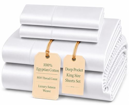 100% Egyptian Cotton Sheets King Size Sheets Set with Fully Elasticated 15' Deep Fitted Sheet & Pillowcase Sets, 800TC Sateen Weave Hotel Collection King Sheet Set, Soft Luxury White Bedding
