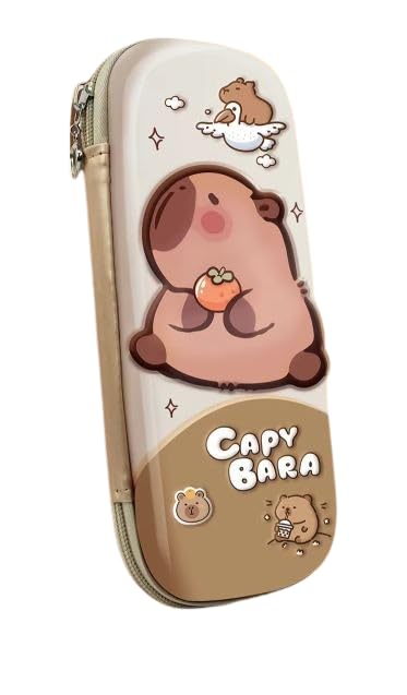 Estojo Escolar Capivara – Case Rígido EVA 3D, Unissex – Compartimentos, Bolso em Tela e Elásticos – 2 Modelos (Modelo A – Capy com Laranja)