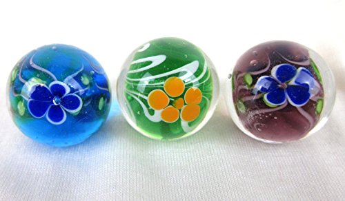 Big Game Toys~Set Of 3 Peony 16Mm Handmade Art Glass Marbles Clear/Blue/Green/Purple Flowers #TOP8