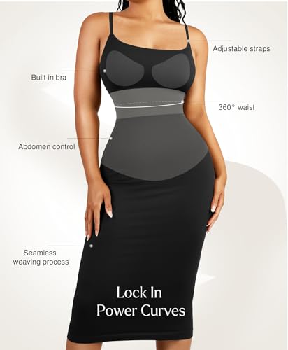 Tummy Control Dress for Women - Bodycon Slip Midi Dress with Built in Bra Date Night Spaghetti Strap Dresses Club Outfit2