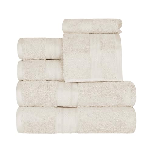 SUPERIOR Long Staple 100% Combed Cotton 700GSM, Durable, Plush and Absorbent 6-Piece Single Ply Towel Set, 2 Face/Washcloths, 2 Hand Towels, 2 Bath Towels, Almond
