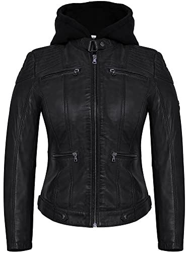 Blueorn INGA Damen Lederjacke mit abnehmbarer Kapuze - Echtleder Bikerjacke Damen aus feinstem Lammnappa Leder im Biker - Braun - Grün (as3, alpha, x_l, regular, regular, Schwarz)
