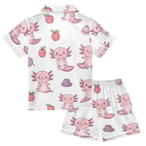 Satin Pajama Sets Short Sleeve Cute Axolotl and Apples Button Down Silky Nightwear 2 Piece PJS 5-14Y2