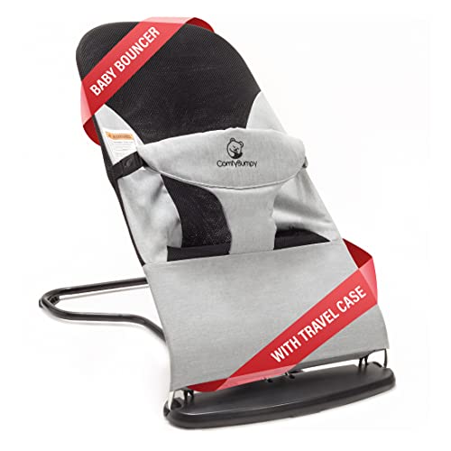 Image of Ergonomic Baby Bouncer Seat - Bonus Travel Carry Case - Safe, Portable Bouncing Chair with Adjustable Height Positions - Infant Sleeper Bouncy Seat Perfect for Newborn Babies by ComfyBumpy (Grey)