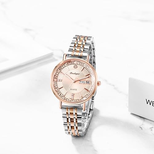 JewelryWe Horloges dames roestvrij staal dameshorloge - elegant analoog kwartshorloge vrouwen week datum kalender 30 m waterdicht horloge met roestvrijstalen armband en lichtgevende wijzers - Afbeelding 7