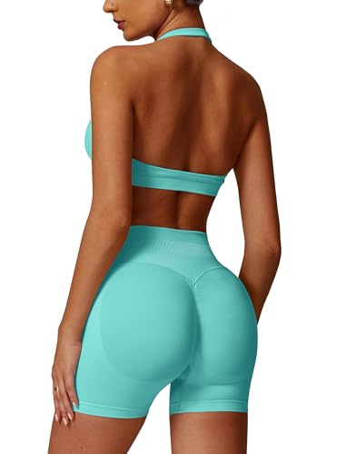 Image of ABOCIW Workout Sets for Women 2 Piece seamless Halter Sports Bra Scrunch Butt Impact Shorts Gym Yoga Outfits