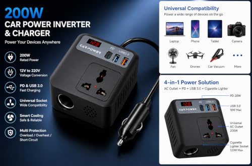 Image of 200W Car Power Inverter, 12V DC to 220V AC Converter with 2 AC Universal Outlets, 30W PD USB-C & Dual USB QC3.0 Fast Charging, Car Laptop Charger for Mobile, Laptop, Tablet & Electronics