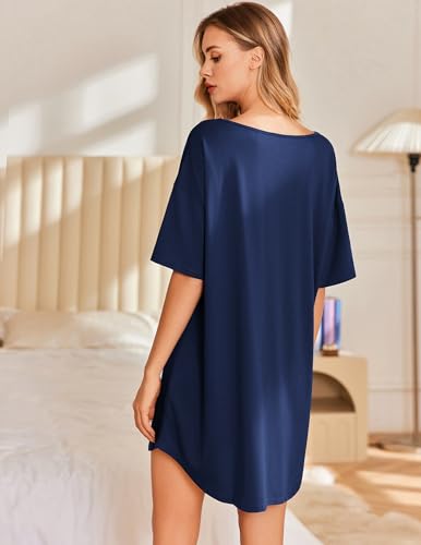 Image of Ekouaer Nightgowns for Women Bamboo Viscose Sleepshirt Short sleeve Nightshirt V Neck T shirt Night gown Boyfriend Sleepwear