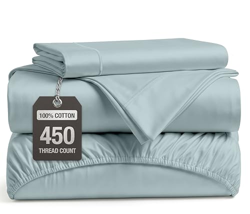 Image of LANE LINEN 100% Cotton Twin Sheet Set, 3 Pc, Soft Sateen, 450 Thread Count, Breathable, Cooling, Deep Pocket, French Blue
