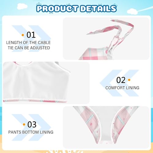Pink Gingham Cute Girl 2 Pieces Kids Bikini Set Scoop Neck Swimsuit Swimwear Cute Shoulder Strap4