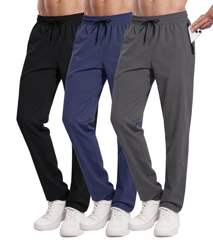 RPOVIG 3 Pack Men's Athletic Sweatpants with Zipper Pockets Workout Gym Running Hiking Active Cooling Stretch Joggers Pants