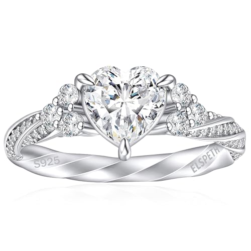 Elspeth 925 Sterling Silver Engagement Promise Rings for Women, Heart/Round Shaped Simulated Diamond Bridal Ring, Gift for Wife/Mom/Girlfriend, Size 5-10