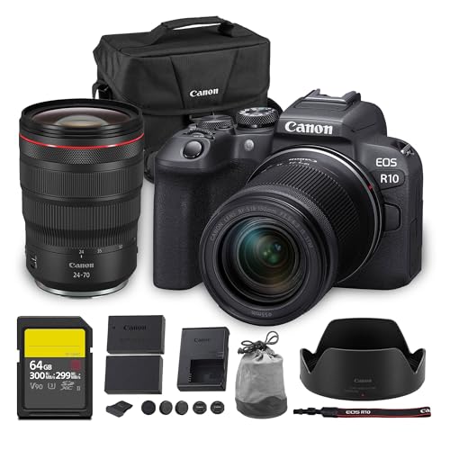 Image of Canon EOS R10 Mirrorless Camera Kit | 24.2MP APS-C Sensor with RF-S 18-150mm Lens | 4K Video Dual Pixel AF Compact Travel Photography (5331C016) + Canon RF 24-70mm Lens + 64GB Card + More