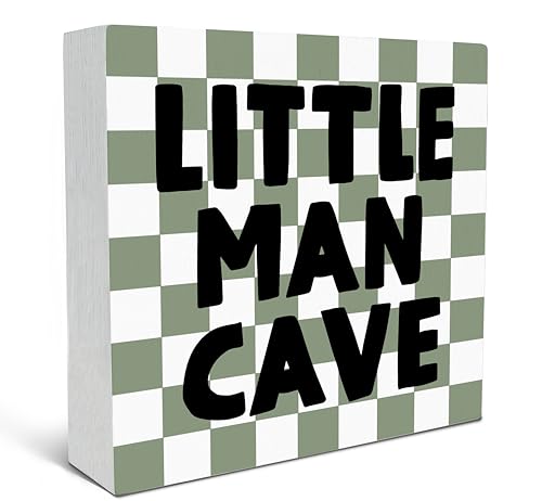 Image of SRADMO Little Man Cave Wood Box Sign Desk Decor, Green Boho Beige Preppy Wooden Block Box Sign Decoration for Teen Boys Bedroom College Dorm Boys Room Wall Shelf Table Decor Decorative Accessories