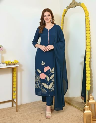 Image of ANNI Designer Women's Viscose Blend Embroidered Straight Kurta with Pant & Dupatta | Ethnic Kurta Set for Women | 3 /4 Sleeve Festive Traditional Dress | Office, Party & Daily Outfits Suit Set