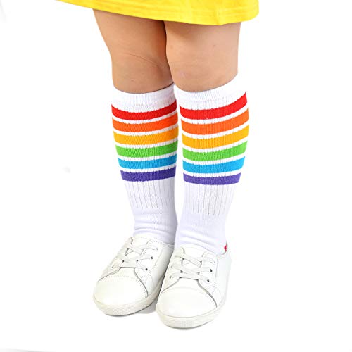 EPEIUS Baby Girl Rainbow Striped Knee High Socks Non-Slip Uniform Tube Stockings Soccer Socks for Toddler and Child4