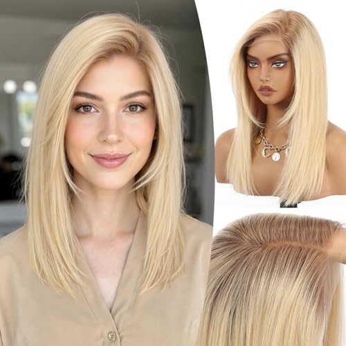 Image of KKU 100% Human Hair Wigs for Women,Real Human Hair Wigs,Side Swept Bangs Lace Front Wig(16 Inch,Ombre Blonde)