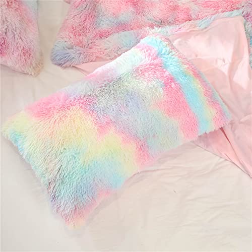 Tenghe Plush Standard/Queen Pillowcase 2 Pack Rainbow Tie Dye Super Soft Fluffy Faux Fur Shaggy Pillow Cases/Covers Girls Cute Decorative Throw Pillow Shams With Zipper Closure  thumb #6