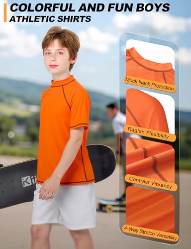 Image of Boys Rash Guard Short Sleeve UPF50+ Sun Protection Water Beach Swim Shirt | Kids Youth Surfing Pool Neon Swimwear Top Quick Dry Tagless Ultra Soft Stretchy Lightweight Moisture Wicking Cool Feel Tee