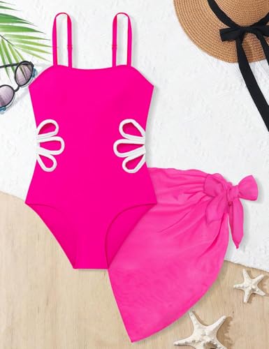 Girls Swimsuit Kids Adjustable Straps Cut Out One Piece Summer Bathing Suit with Mesh Sheer Cover Up Skirt Girl's Swimsuit3
