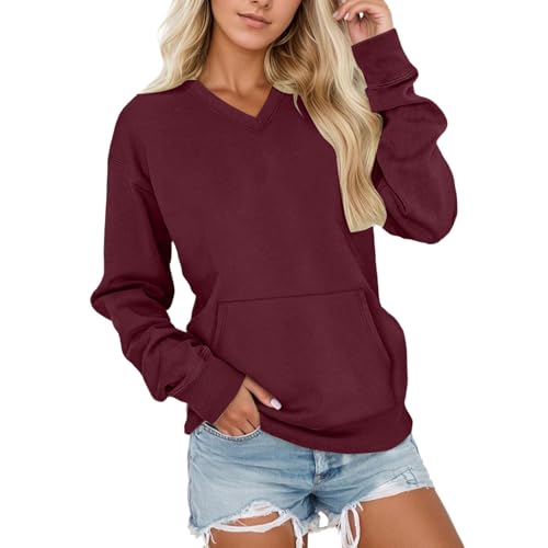 Women's V Neck Sweatshirt Fleece Cute Pocket Sweatshirts No Hood Oversized Comfy Hoodie Y2k Soft Fall Winter Tops