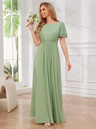 Image of Chiffon Formal Dresses for Women Scoop Neck Modest Bridesmaid Dress with Sleeves Burnt Orange Size 12