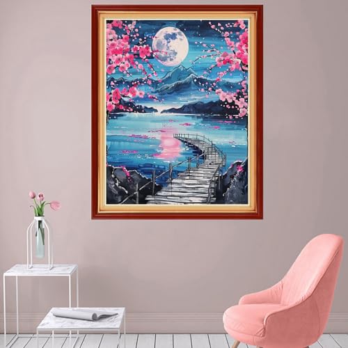 Image of Foxhool Stamped Cross Stitch Kits,11CT Printed Cross Stitch Pattern Full Embroidery Kits for Beginner Needlepoint Kits-Moonlit Peach Blossoms 16x20 inch