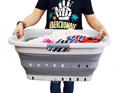 Image of SAMMART 41L (10.8 gallon) Set of 2 Collapsible 3 Handled Plastic Laundry Basket-Foldable Pop Up Storage Container /Organizer-Space Saving Hamper /Basket (2, Grey /Dark Grey)