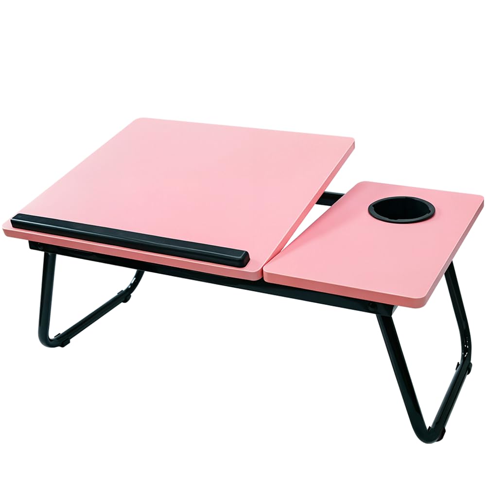 Unibos | Laptop Bed Table With 5-Level Adjustable Laptop Stand, Foldable Laptop Desk With Cup Holder, Portable Breakfast Tray, Anti-Slip Book Holder For Bed, Sofa, Couch, Home Office & Study, Pink