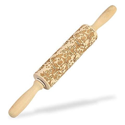 Elinala Wooden Rolling Pin, Embossing Rolling Pin, Wooden Baking Rolling Pin with Creative 3D Engraving Flower Embossing Pattern for Making Crepes, Noodles, Pizza Cover