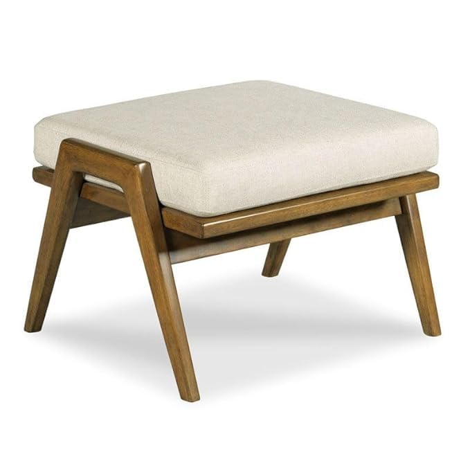 Wefour Mid-Century Modern Ottoman with Upholstered Cushion, Cream | Solid Wood Frame, Angled Legs, Living Room Use, Walnut Finish, Fabric Seat-image-39