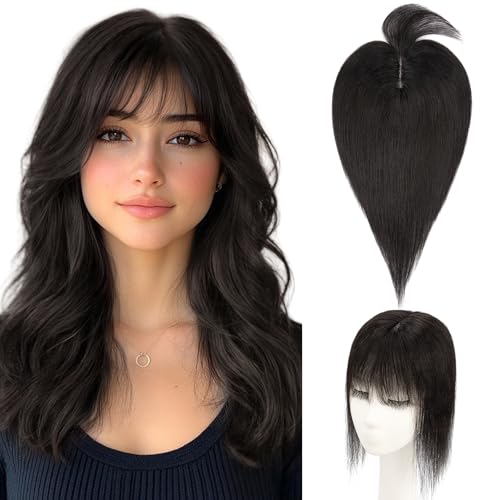 Hairro Human Hair Topper with Wispy Bangs, Clips on 360°