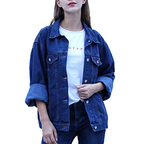 RJUP Oversized Denim Jackets for Women Long Sleeve Boyfriend Jean Jacket Loose Coat (Dark Blue, S(Bust:43.5