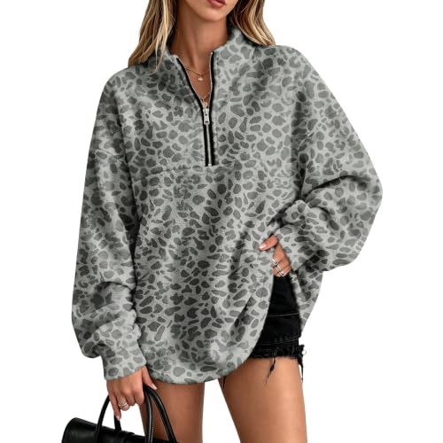 Half Zip Pullover Women Leopard Flannel Sweatshirt Comfortable Pullover - image 1