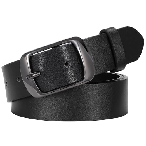 Image of Leather Cowhide Belts for Women Black Belt Women Leather Waist Belt with Pin Buckle Women Vintage Retro Belts for Jeans Dress Pants,black,25-30