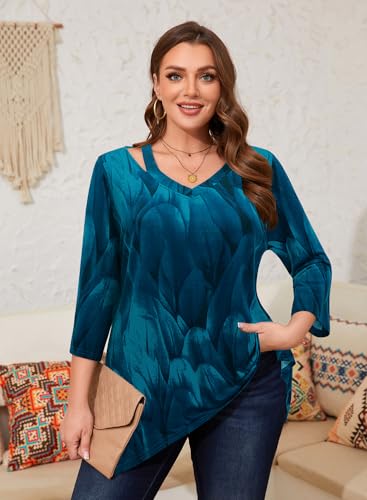 Amrto Plus Size Shirts for Women 3/4 Length Sleeve Tops Cotton Loose Fit Dressy Cut Out V Neck Tunic with Leggings(XL-5XL)2