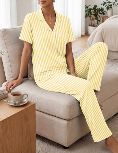 Image of Womens Pajamas Sets 2 Piece Button Up Pj Sets Short Sleeve with Long Pant