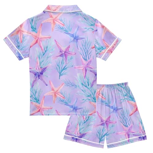 ALAZA Funny Starfish Coral Reef Satin Pajamas Set Short Sleeve Button Down Sleepwear Summer Pjs 2 Piece2