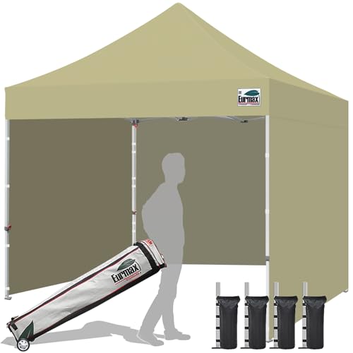 Image of Eurmax USA 10x10 Pop Up Canopy Tent,Commercial Tent with Patented No-Tip Rolling Bag,4 Zippered Removable Walls,UV & Water Resistant Canopy Top,Heavy Duty Outdoor Gazebo,Instant Shelter(Beige)