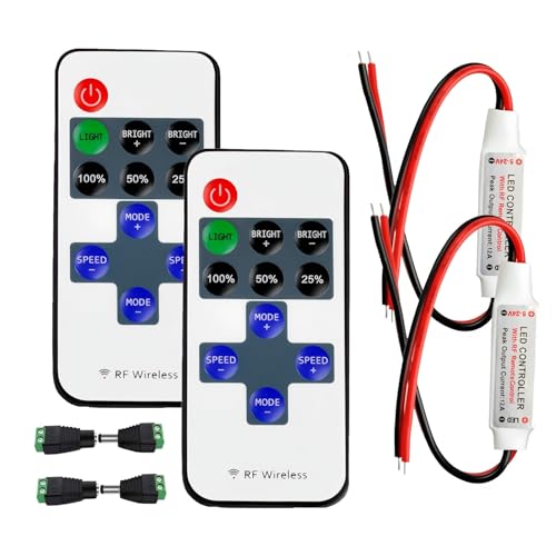 Taikuwu 2 pcs DC 5V-24V 12A LED Strip Controller RF Wireless Remote Control (with Pairing Function) LED Tape Light Dimmer Receiver for 2 pin SMD 5050 3528 2835 5630 LED Strip