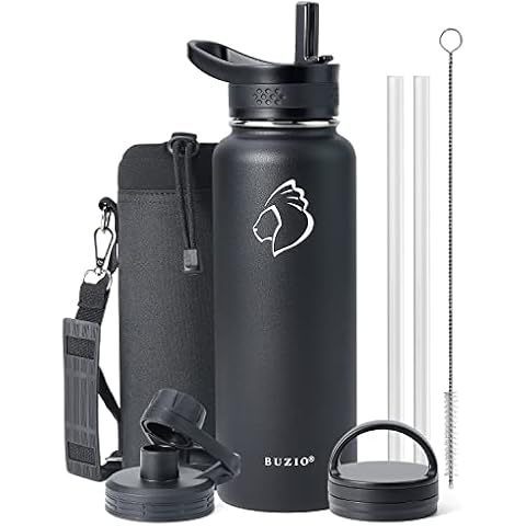 BUZIO 1180ml Water Bottle, Stainless Steel Insulated Water Flask with Straw Lids, Canteen Metal Thermo Mug Hydro Cup Jug, Double Vacuum Hot Cold Water Bottles with Carrying Pouch, Black Cover
