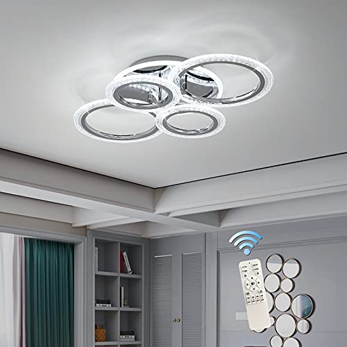 Garwarm Modern Ceiling Light 58W Dimmable Flush Mount LED Ceiling Lamp 4 Rings Acrylic Ceiling Chandelier for Living Room Dining Room Bedroom,Chrome