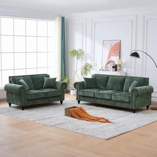 Image of KEIKI 2-Piece Sofa Set with 1 Oversized Chenille 3-Seater Sofa & 1 Loveseat Sofa, Upholstered 5-Seater Couch Set with Nailhead Trim, High-Density Foam Cushions, Rolled Arms, for Living Room, Green