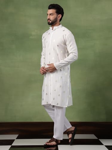 Image of SOJANYA (Since 1958 Men's Cotton Long Kurta with Golden Floral Motif Print