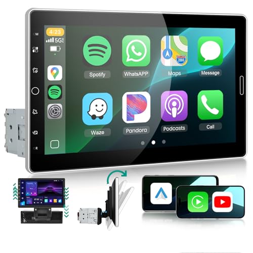 10.1'' Single Din Car Stereo with Carplay Android Auto AM/FM/RDS, Single Din Detachable IPS Touchscreen Radio with BT Online Video Mirror Link EQ SWC USB AUX Mic Backup Camera for Car Audio Upgrade
