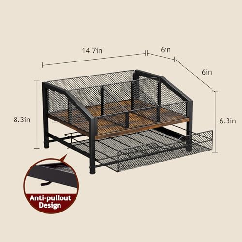 Image of Homsorout Coffee Bar Organizer - Coffee Station for Countertop, Metal and Wood K Cup holder Storage Basket with Drawer for Syrup, Cups, Stirrer, Condiment, Tea Organizer, Brown