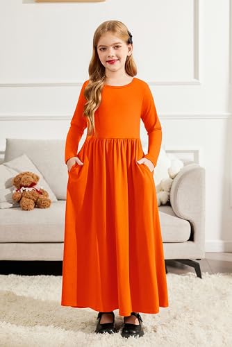 Image of Arshiner Girls Maxi Dress Long /Short Sleeve Casual Holiday Dress with Pockets for 5-13 Years